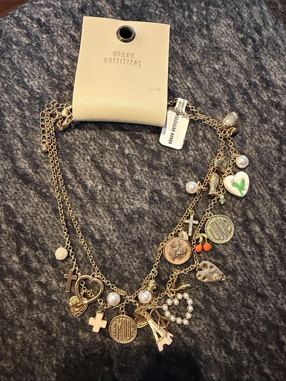 Urban Outfitters Gold-Tone Multi Charm Necklace with Pearl and Enamel Accents